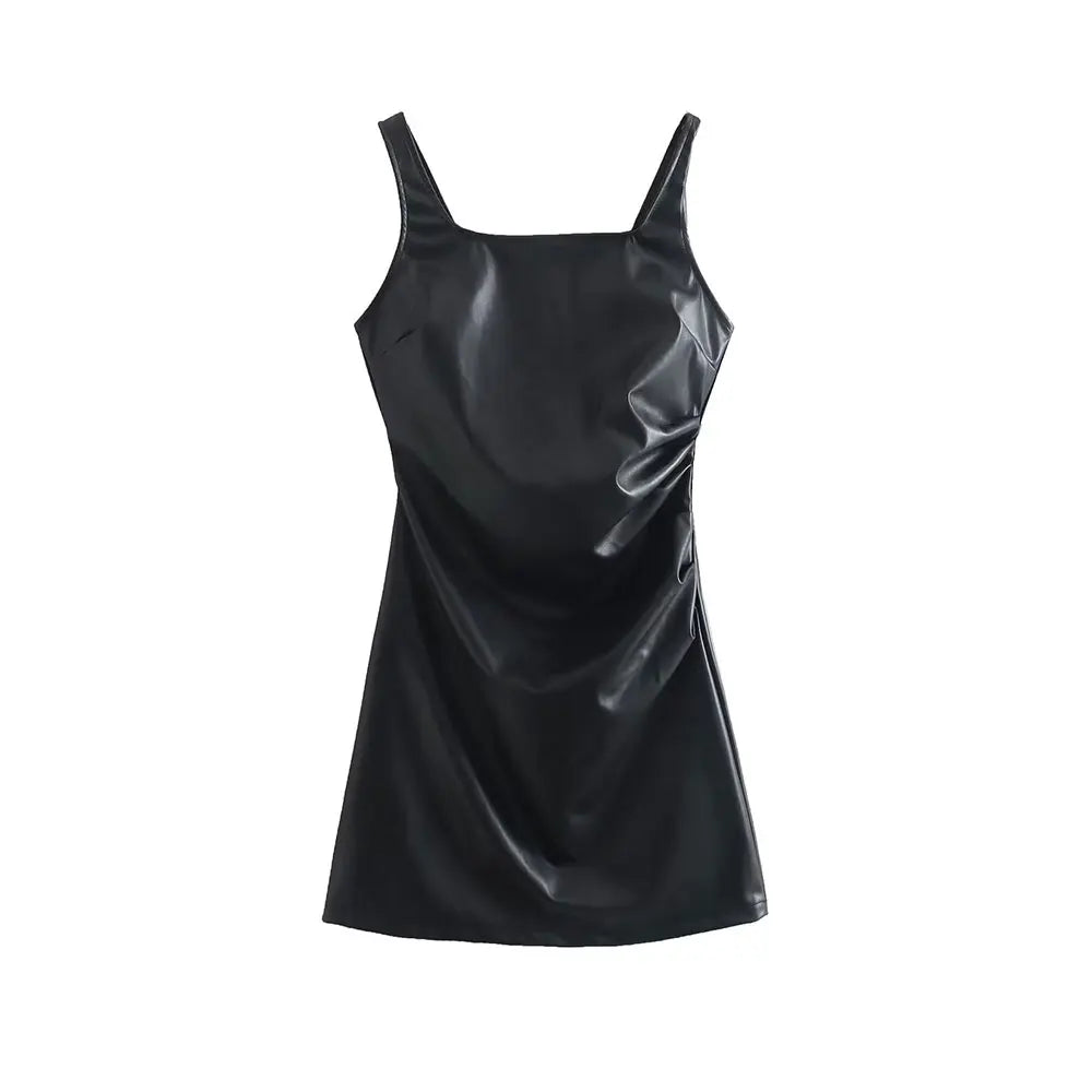 Women Fashion Black PU Leather Mini Slip Dress Vintage Square Collar Back Zipper Sleeveless Female Chic Lady Dresses Black