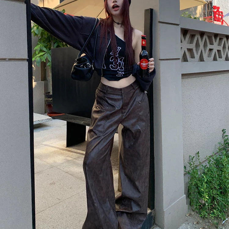 Spring Long Loose Casual Soft Distressed Brown Pu Leather Wide Leg Pants for Women High Waist Korean Style Fashion 2024