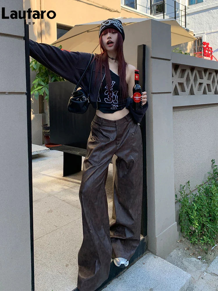 Spring Long Loose Casual Soft Distressed Brown Pu Leather Wide Leg Pants for Women High Waist Korean Style Fashion 2024