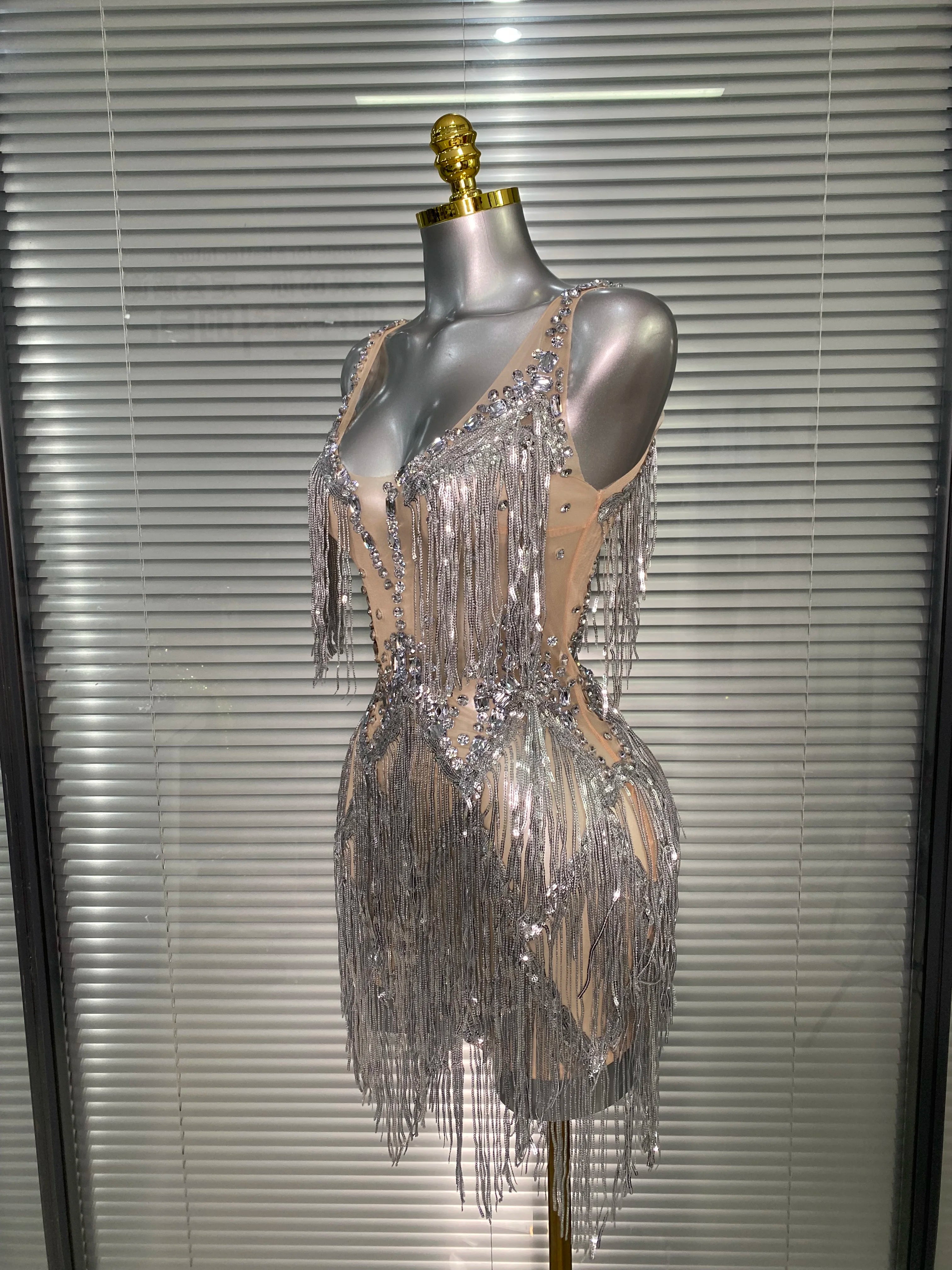 Celebrity New Women Sexy Mesh Sleeveless Stage Performance Costume Crystal Tassel Dancer Singer Night Club Mini Party Dress