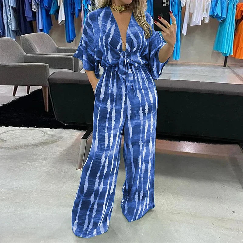 Wefads Women Jumpsuit Dolman Sleeves V Neck Lace Up Nipped Waist Printing Loose Wide Legs Casual Pants Romper High Streetwear Blue