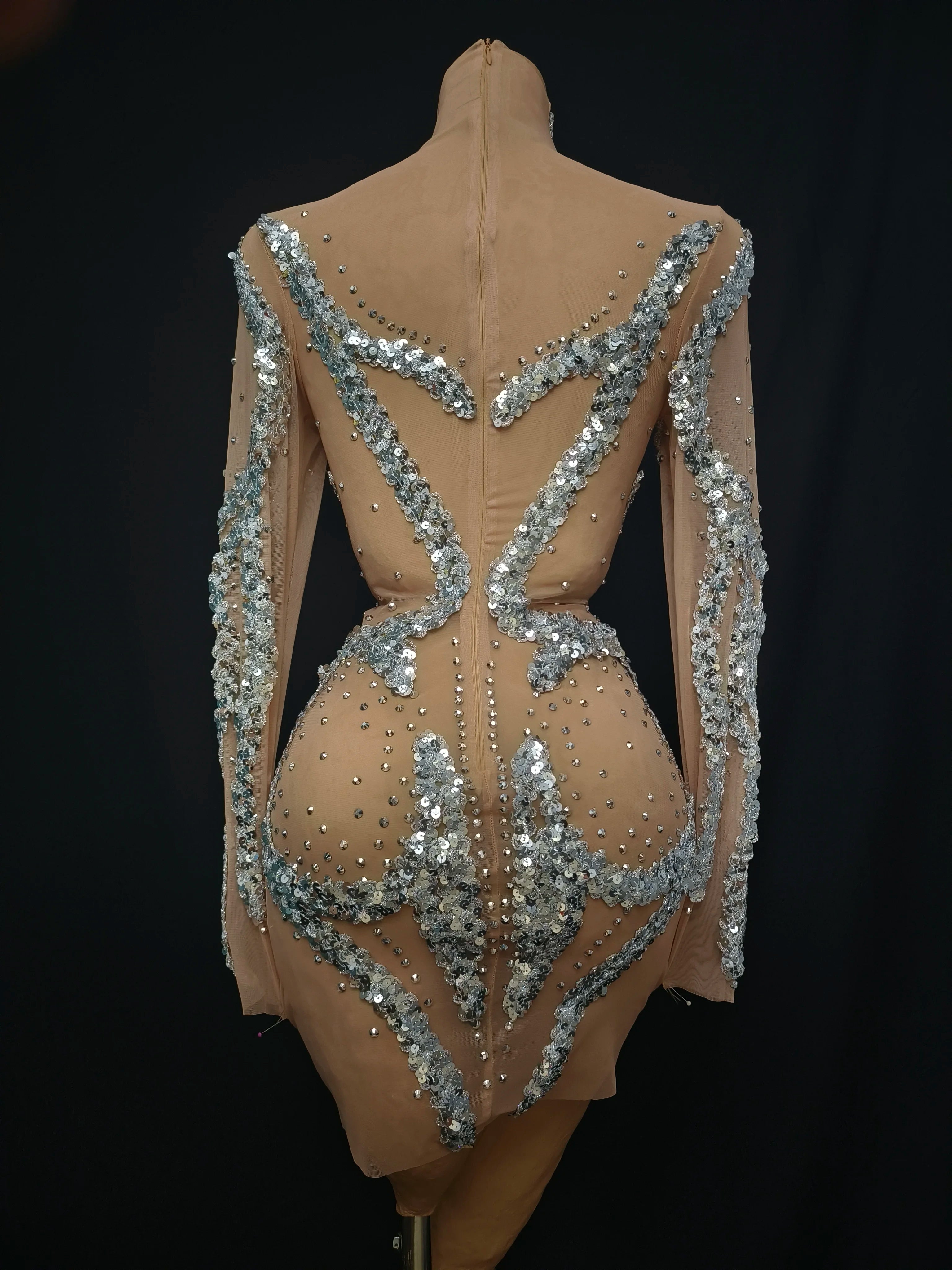 Women Sexy Mesh Crystal Nude Stretchy Long Sleeve Night Club See Through Singer Dancer tage Costume Mini Party Dress