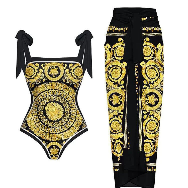 2024 New Fashion Double Sided Printed Lace Up One Piece Swimsuit Women 2023 Sexy High Waisted Lace Up Bikini Swimsuit Cover Up Gold 2 CHINA