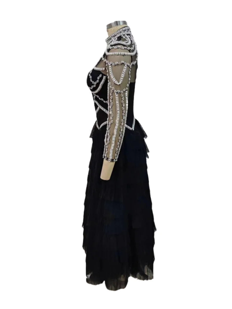 Shining Diamonds Pearl Beading Sexy See Through Mesh Ball Gown Dress Woman Birthday Party Vestido Celebrity Party Outfit