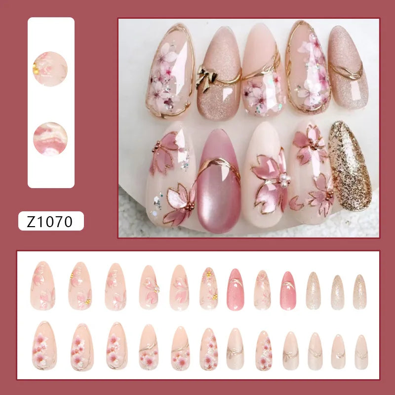 24pcs False Nails Glossy Green Summer Almond Fake Nail Tips Wearable Detachable Fashion Flower Print Press on Nails for Girl