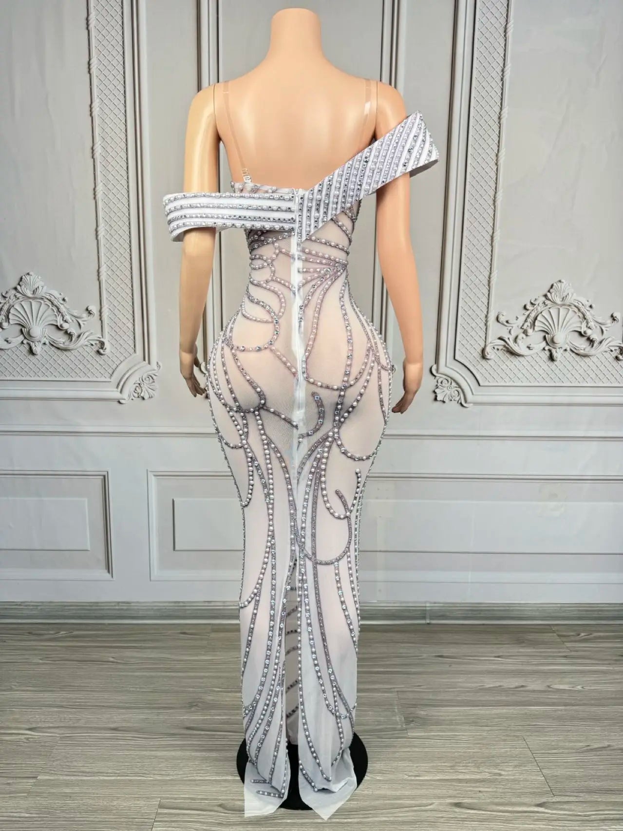 High-end Luxury Pearls Elegant Evening Gown Sheer Mesh Tight Fitting Long Dress Festival Prom Outfit Club Wear Party Dress Moli