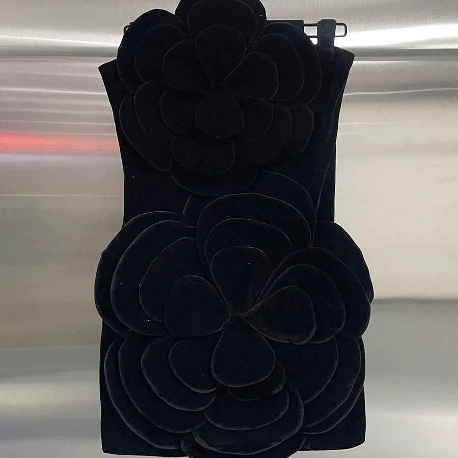 Solid Slimming Temperament Mini Dresses for Women Strapless Sleeveless Patchwork 3D Flowers Dress Female Clothing