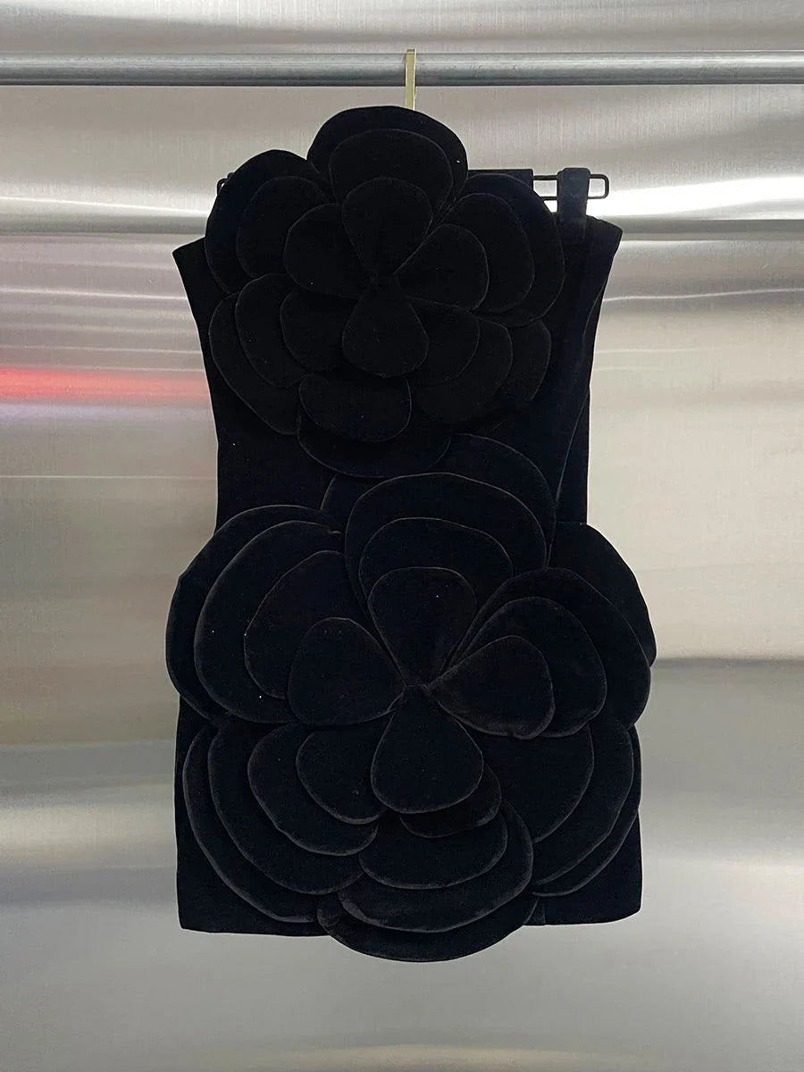 Solid Slimming Temperament Mini Dresses for Women Strapless Sleeveless Patchwork 3D Flowers Dress Female Clothing