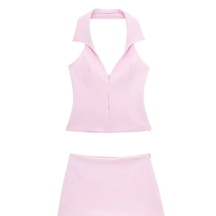 TRAF Summer Women Pink Shorts 2 Pieces Set High Waist Mini Skirts Shorts Sexy V-Neck Sleeveless Backless Suspender Zipper Top
