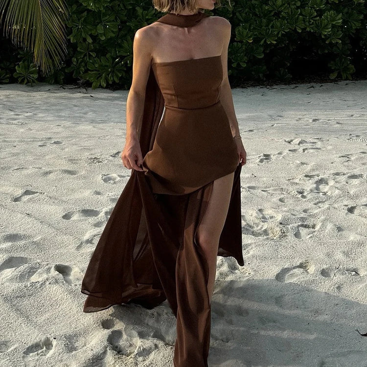 Elegant Strapless Sexy Maxi Dress For Women Gown With Scarf Off-shoulder Sleeveless Backless Split Beach Long Dress
