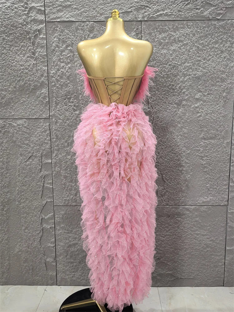 Pink Color Women Sexy Strapless Ruffles 2 Pieces Bodycon Long Dress High Split Fashion Nightclub Party Birthday Fashion Dress