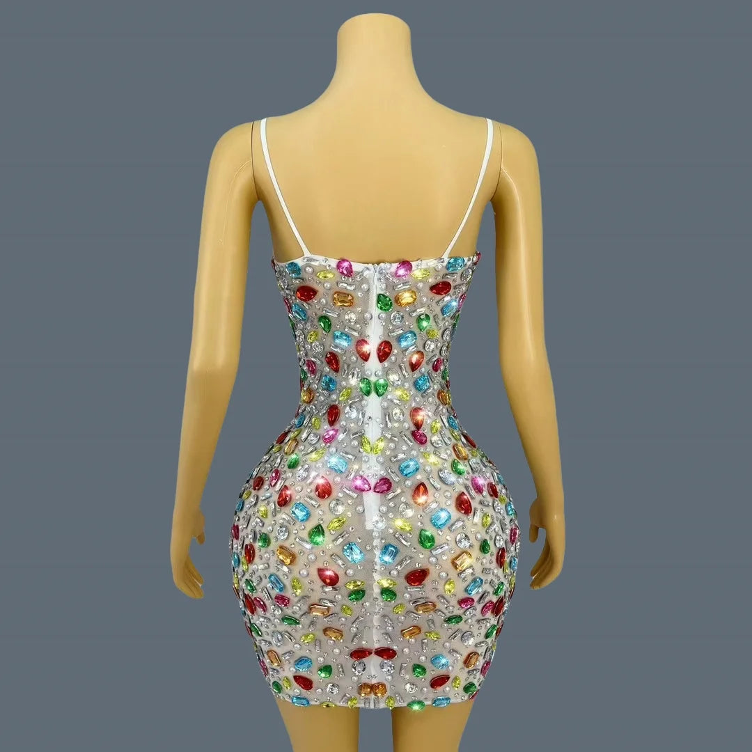 2025Multicolour Sparkly Rhinestone Sexy Strap Dress Women Nightclub Prom Skinny Dress Birthday Celebrate Prom Mini Dress Caixing