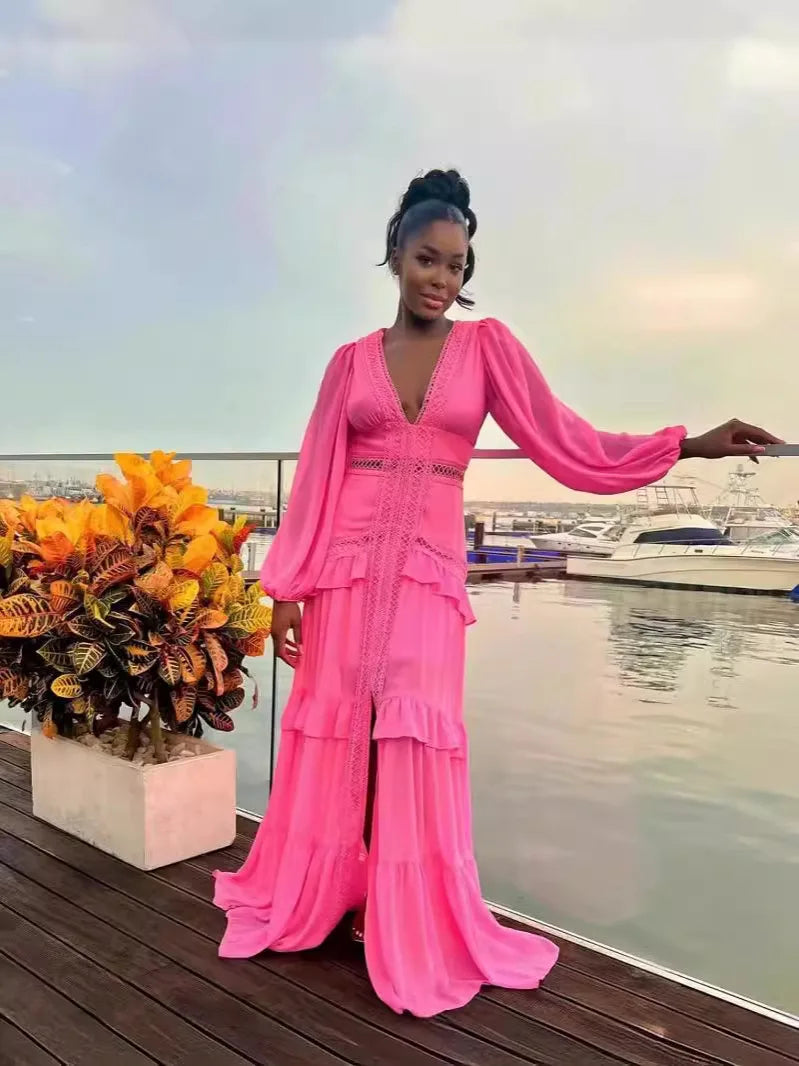 CM.YAYA Women V-neck Full Sleeve Ruffles Lace Long Maxi Dress 2025 Spring Beach Holiday Party Sexy Street Vestidos Sexy Dresses