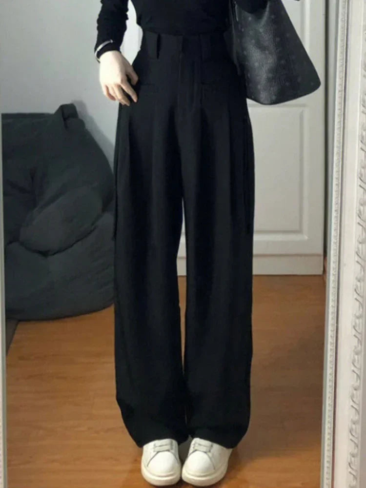 New Fashion Simple High-waisted Wide-leg Female Suit Pants American Full-length Black Casual Straight Solid Color Women's Pants