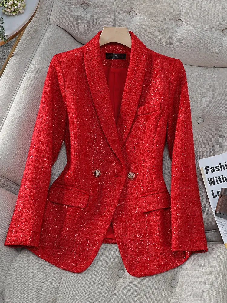 Women's Blazer Ladies Casual Autumn Winter Jacket Female Long Sleeve Single Breasted Button Decoration Red Navy Plaid Coat Red Blazer