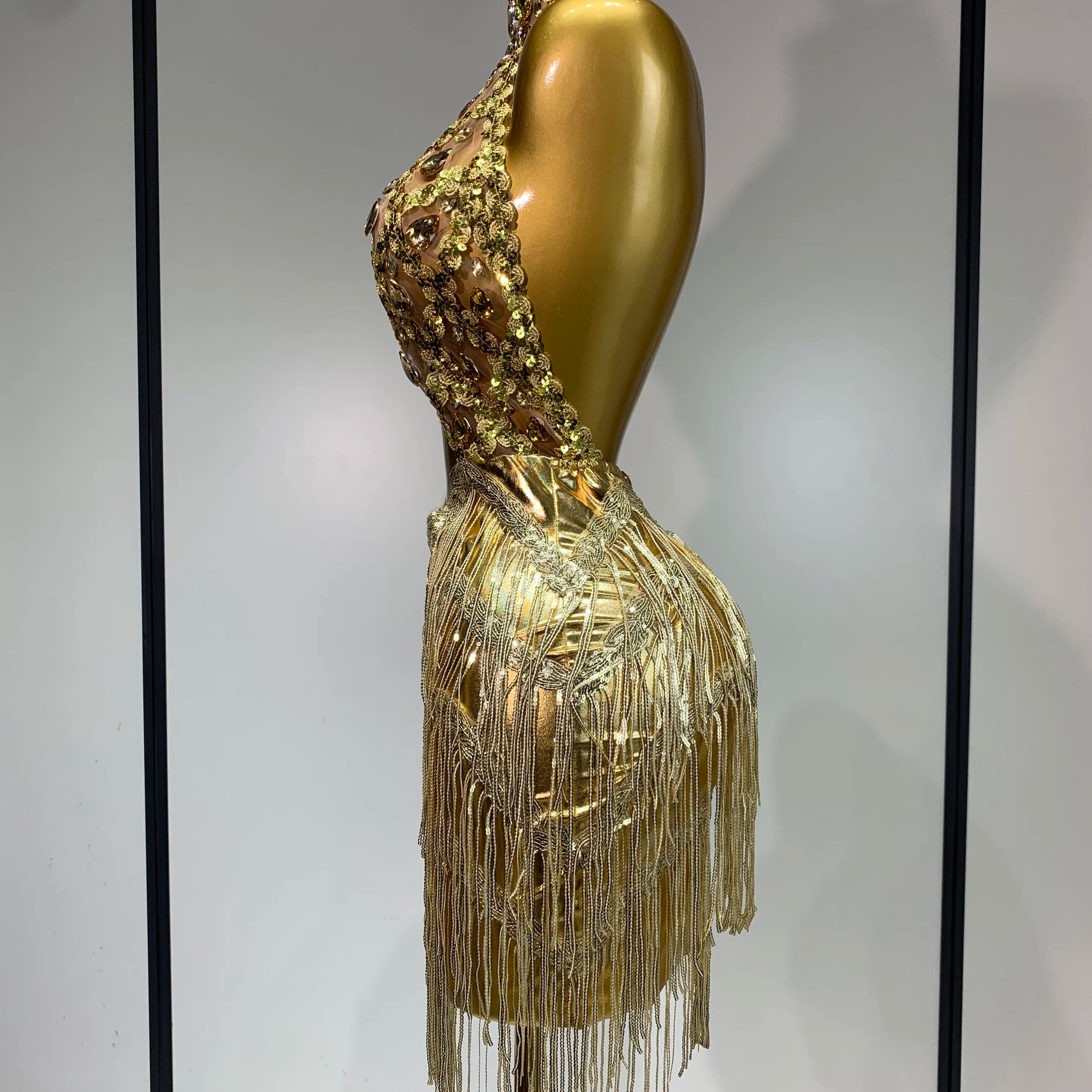Women Birthday Party Rhinestones Tassels Transparent Short Dress Dance Show 2025 Sexy Fashion Gold Sparkly Stage Costume
