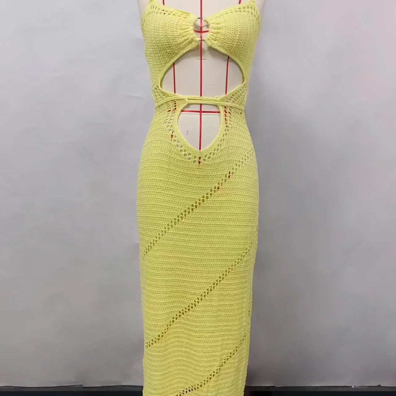 Yellow Knitted Beach Dress Women Fashion Halter Hollow Out Slim Long Dresses Summer Sexy Backless Holiday Party Outfits 2024