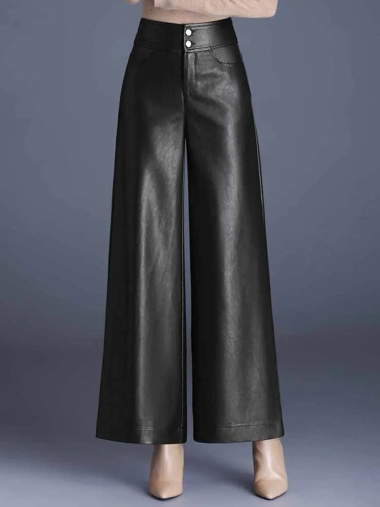 ZUZK High Quality Women PU Leather Wed Leg Pants Autumn Winter Fashion Warm Long Leather Pants Elegant LeatherTrousers