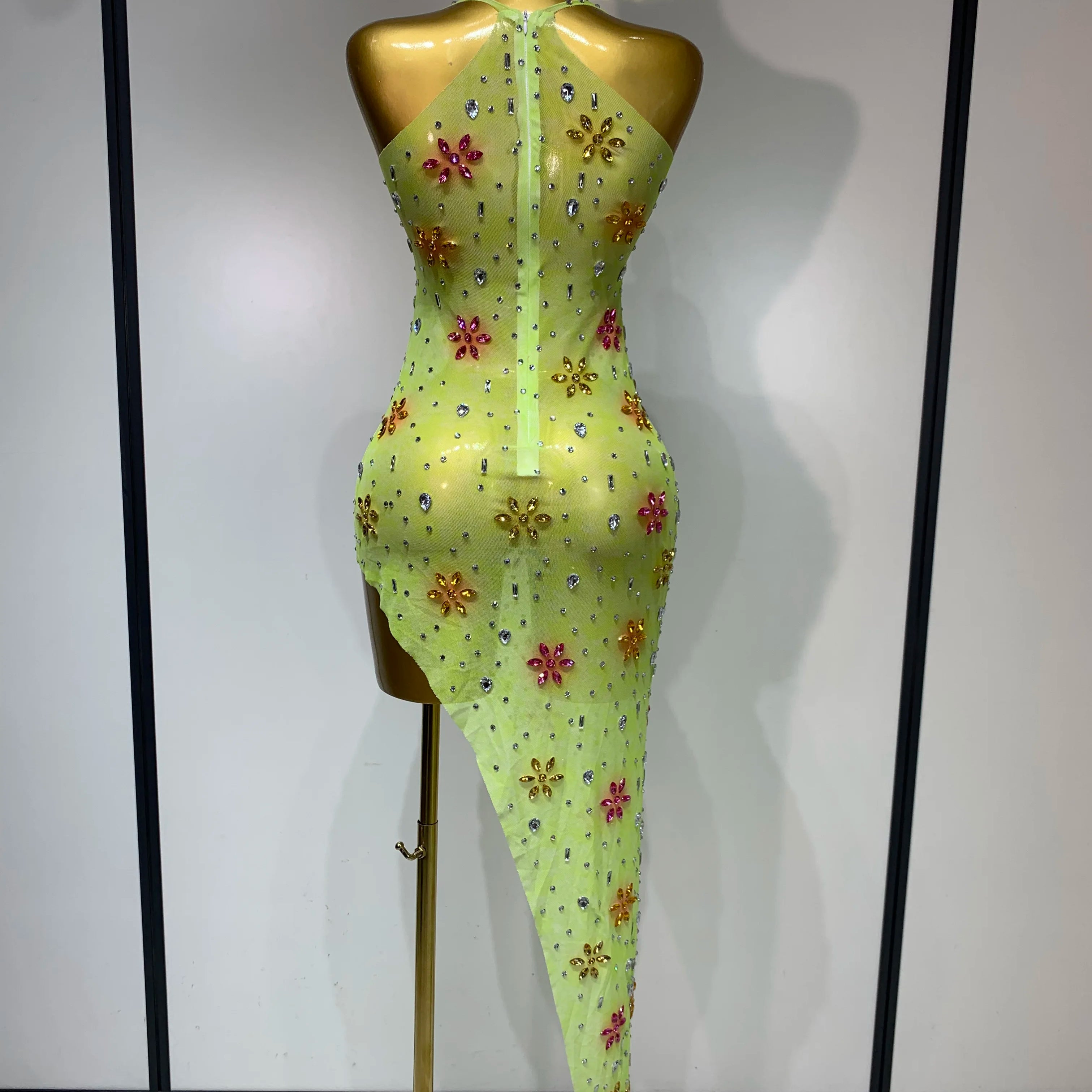 Women Sexy Mesh See Through Stretch Sparkly Rhinestone Performance Costume Stage Dancer Nightclub Party Luxury Birthday Dress