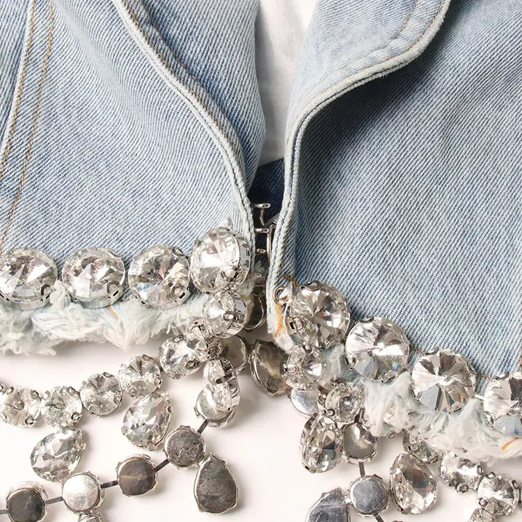 Spliced Diamonds Tassel Denim Two Piece Set For Women Lapel Long Sleeve Coat High Waist Mini Skirt Fashion Set