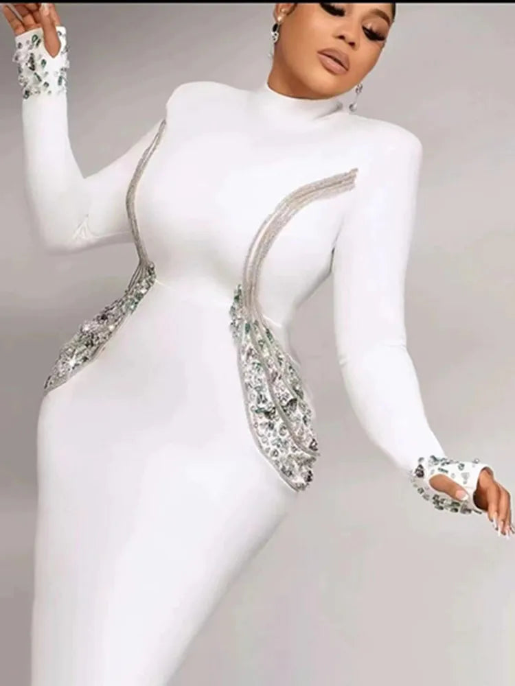 Women Celebrity Sexy Beading Crystal Diamonds Black White Maxi Long Bodycon Bandage Dress 2024 Elegant Evening Club Party Dress