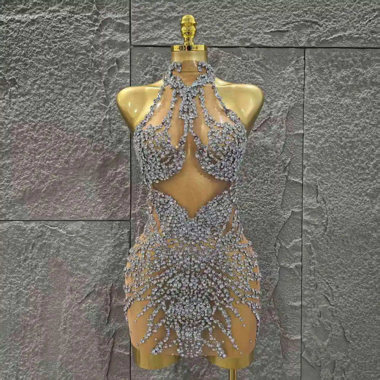 Shinning Crystal Women Sexy Sleeveless Mesh See Thorugh Bodycon Mini Dress Nightclub Party Bar Singer Performance Stage Wear
