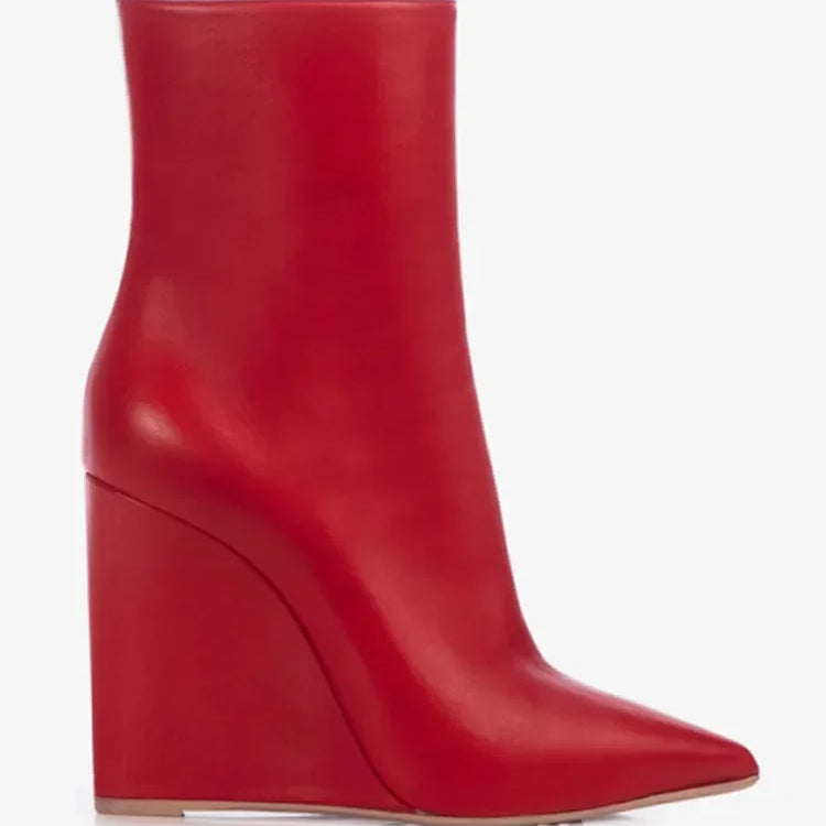 New European and American Thick Sole Knee Long Women's Boots with Pointed Side Zipper Thick High Heel Women's Mid Length Boots 520-red