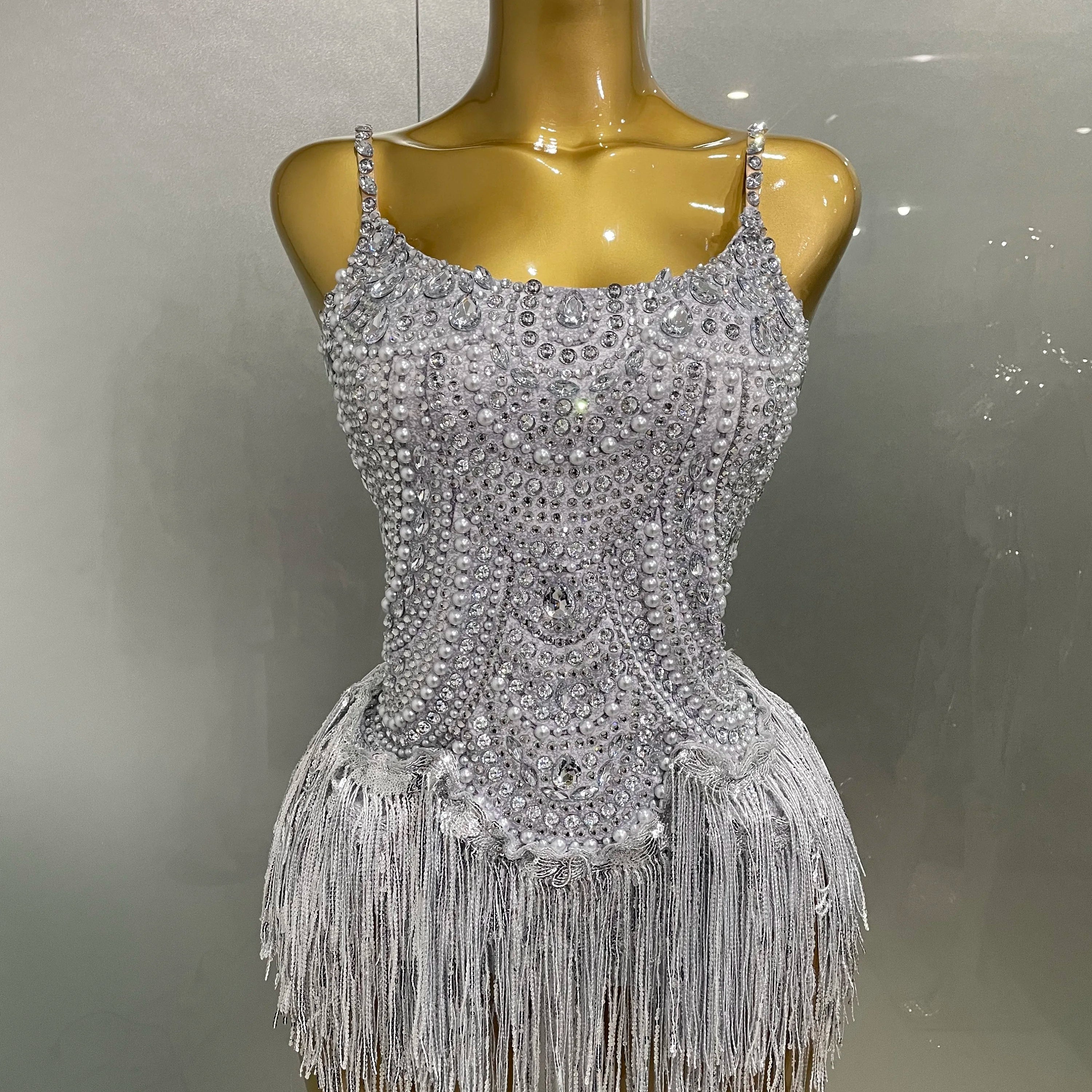 Sparkly Silver Rhinestones Pearl Tassels Bodysuit 2025 New Women Sexy Eveing Birthday Party Nightclub Stage Performance Costume