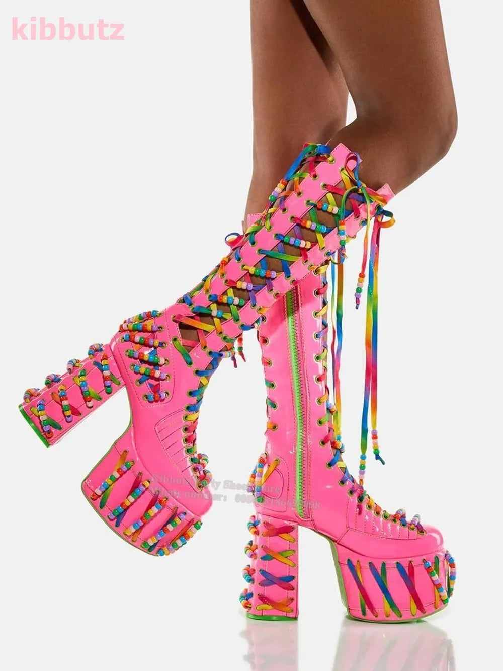 Round Toe Square Heel Platform Knee-High Boots Mixed Color Cross-Tied Patent Leather Side Zipper Super High Sexy Shoes Hot Girls pink