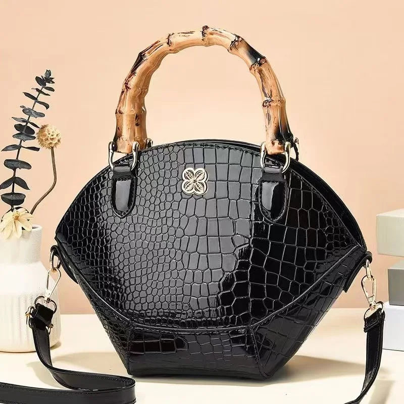Crocodile Pattern Creative Shell Shaped Shoulder Bags Retro Bamboo Joint Handle Handbag Women Office Crossbody Bag Black