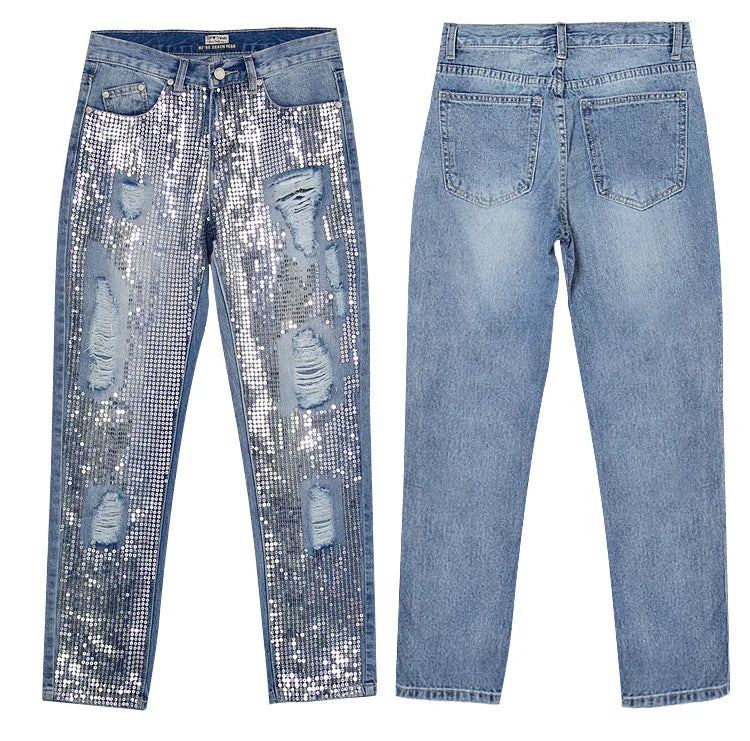 Women's mid rise loose fitting straight denim cropped pants with trendy metal colored worn holes beads Sequin decoration jeans Blue