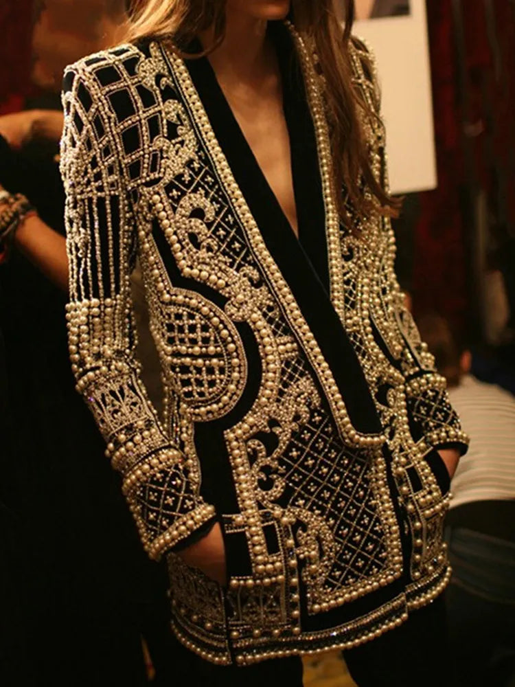 Stylish Designer Jacket Women's V-neck Long Sleeve Luxurious Metallic Beaded Long Blazer