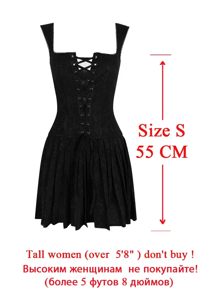 Lace Up One Piece Dresses for Women Vintage Embroidery A Line Pleated Dress Mini Xmas Birthday Party Dress Sexy