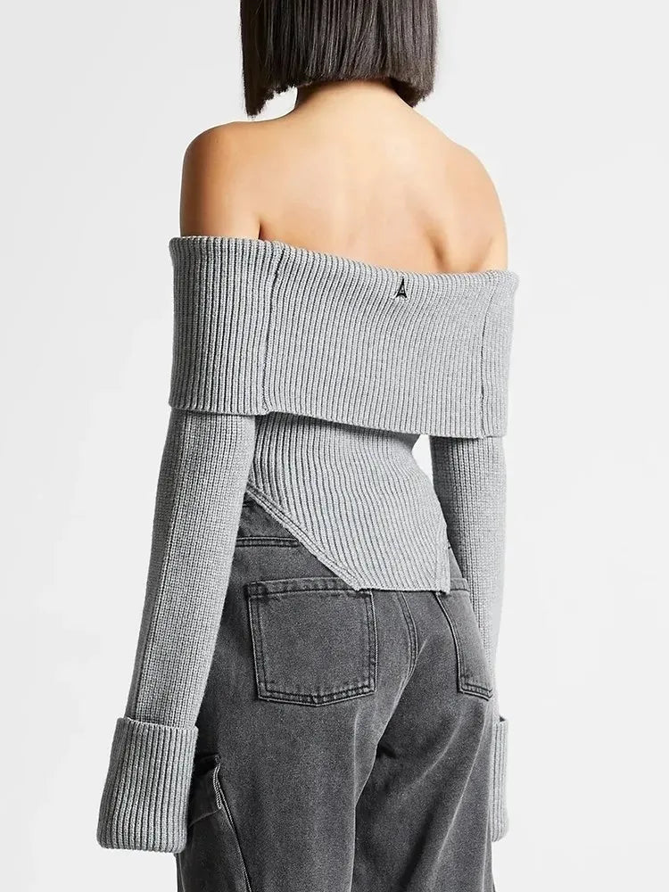 Solid Temperament Sweaters For Women Slash Neck Long Sleeve Tunic Irregular Minimalist Sweater Female Fashion Style