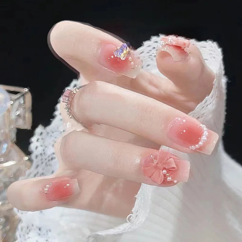 24pcs Pink French False Nails Art for Girls Sweet Cute Short Ballet Fake Nail Sets Finished with Bow Pearl Design Press on Nails