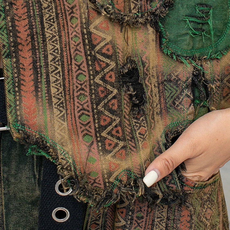 Spring Summer New Trendy Cool Personality Distressed Printed Denim Vest + Hanging Crotch Pants Two-piece Set Women LX255