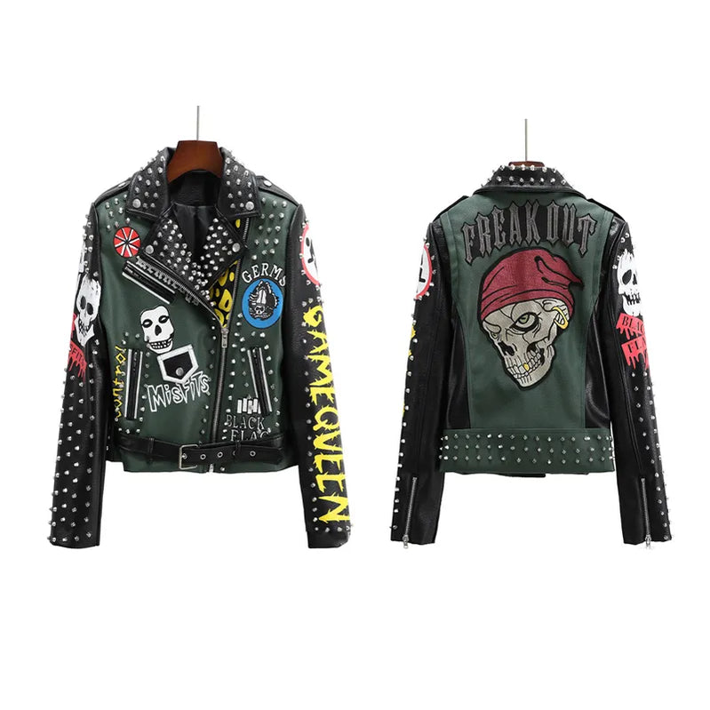 Spring Skull Pattern Graffiti Short Leather Jackets For Punk Women Rivet Slim Streetwear Motorcycle Jackets Coat 3