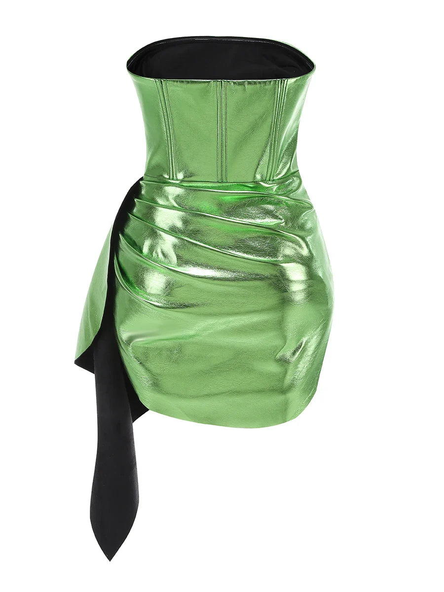 Women Sexy Strapless Shinning Leather Bodycon Mini Draped Dress Celebrate Nightclub Party Chiristmas Bar Singer Wear