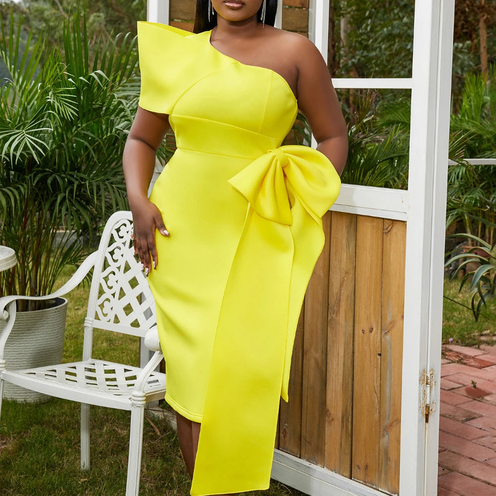 Women Pink Dress One Shoulder with Bowtie Waist Belt Party Christmas Elegant Slim Birthday African Event Celebrate Occasion New Yellow