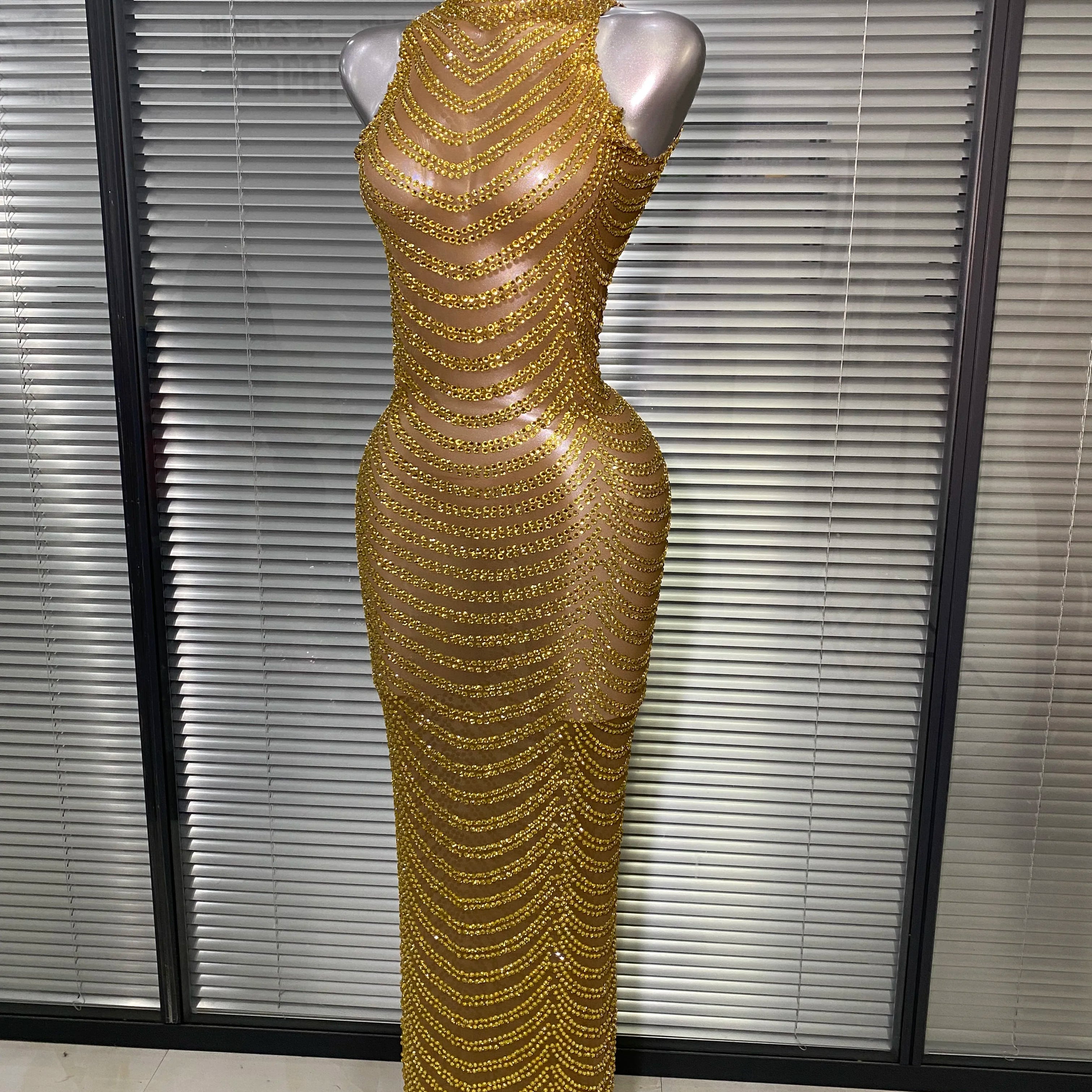 Women Sexy Mesh Crystal Diamonds Gold Long Maxi Dress See Through Celebrity Party Costume Singer Stage Performance Costume