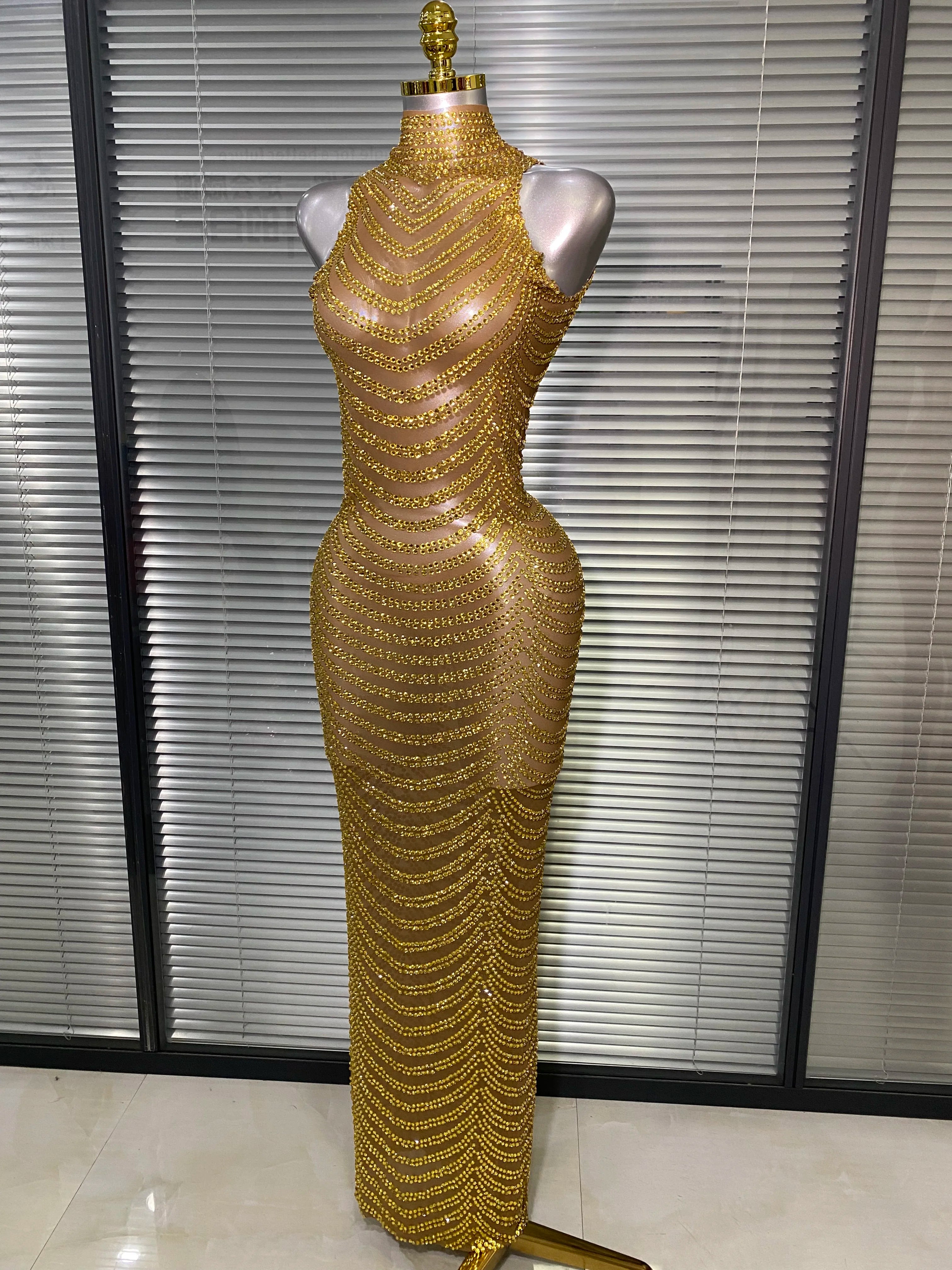 Women Sexy Mesh Crystal Diamonds Gold Long Maxi Dress See Through Celebrity Party Costume Singer Stage Performance Costume