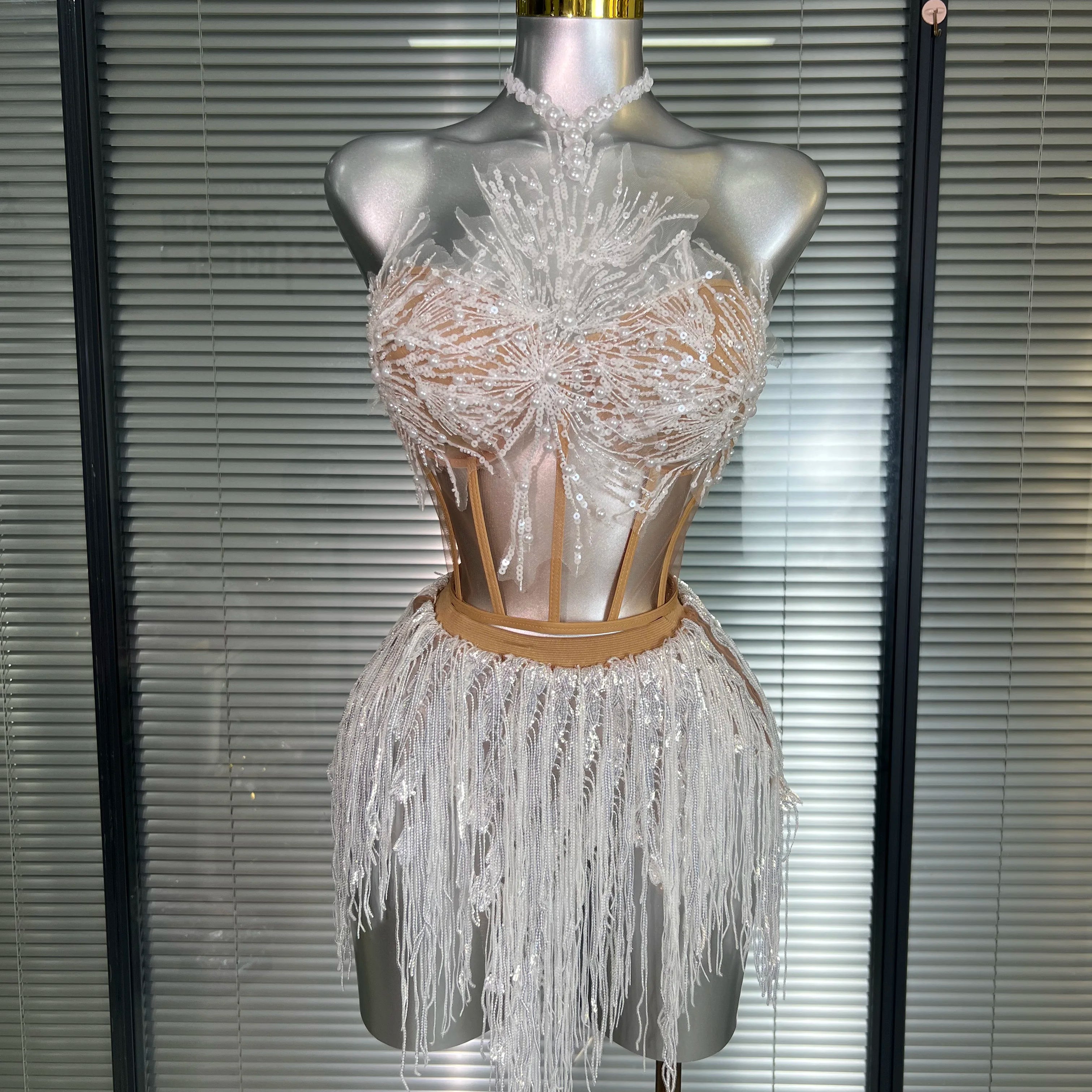 Women Sexy Sequins White Sparkly Two Pieces Set Shinning Fancy Night Club Skirt Suits Singer Dancer Stage Costume