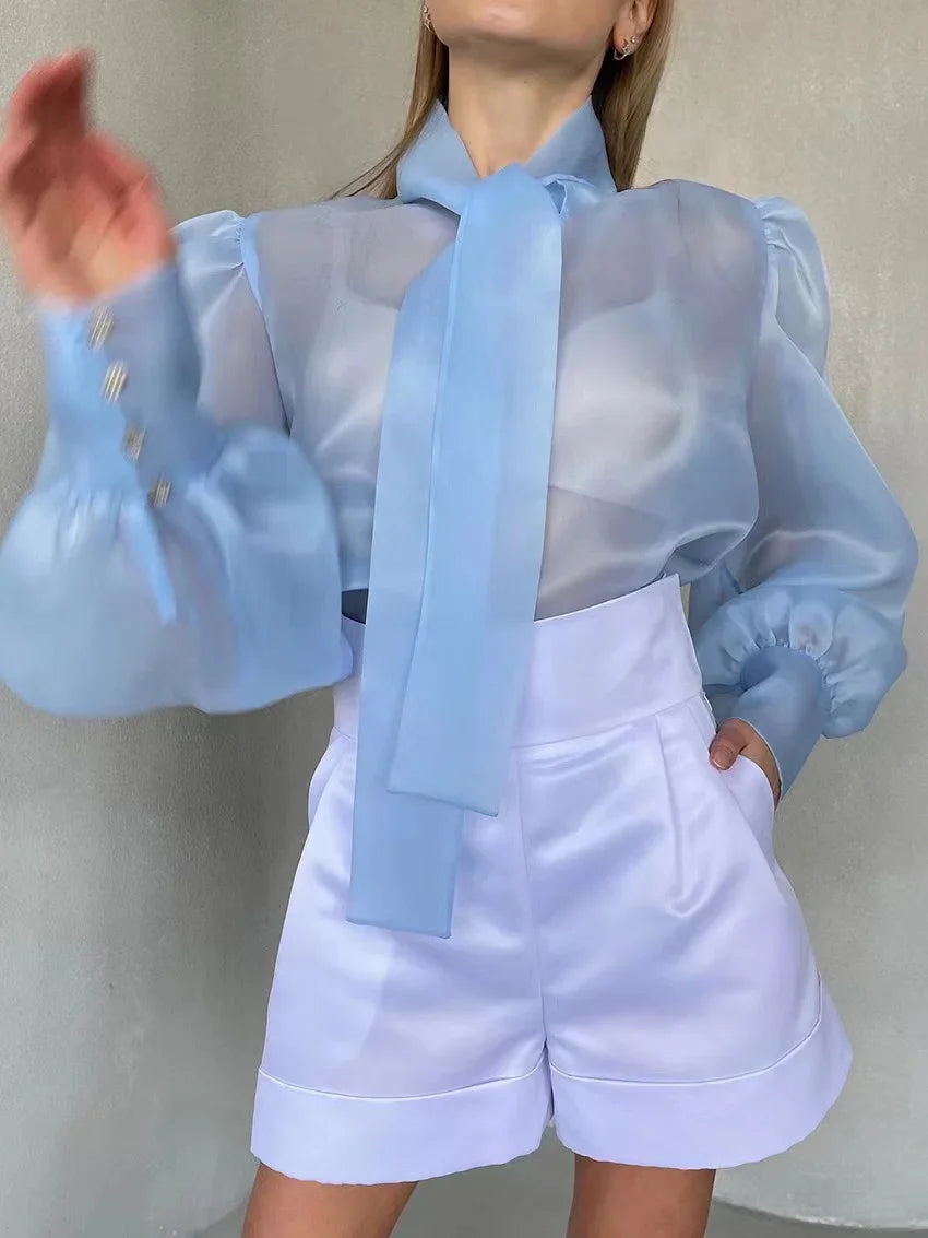 New Mesh Shirts Women Elegant Puff Sleeve Bow Lace Up Blouses Office Ladies Fashion Solid Color Casual Loose Sexy Blouse