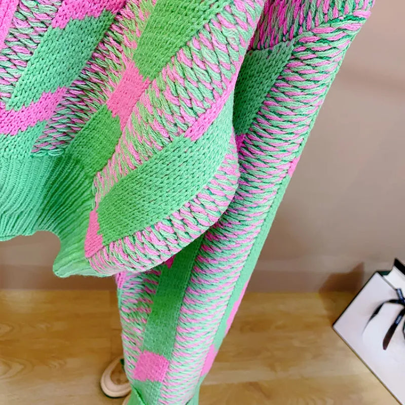 Women Color Block Green Crop Cardigan High Street Long Sleeve Knit Top Autumn Winter New in Korean Dongdaemun Fashion