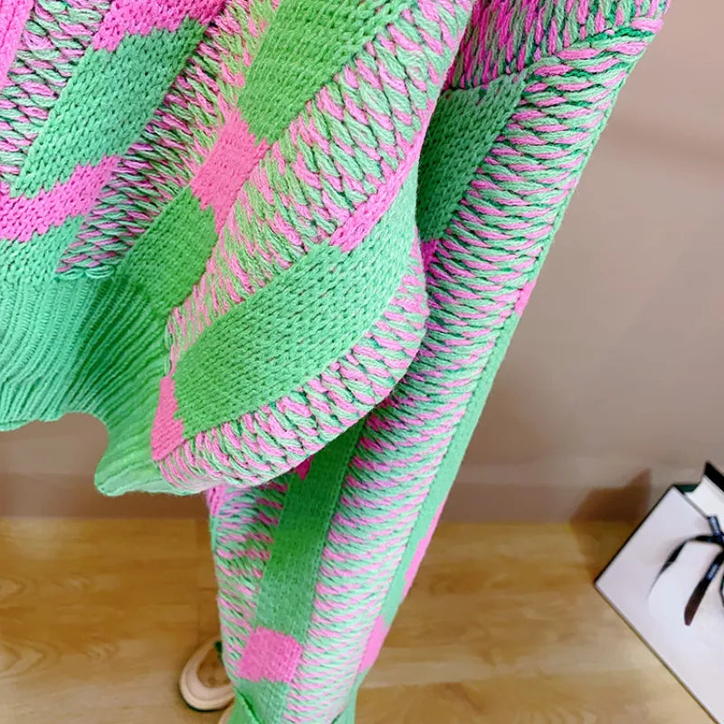 Women Color Block Green Crop Cardigan High Street Long Sleeve Knit Top Autumn Winter New in Korean Dongdaemun Fashion