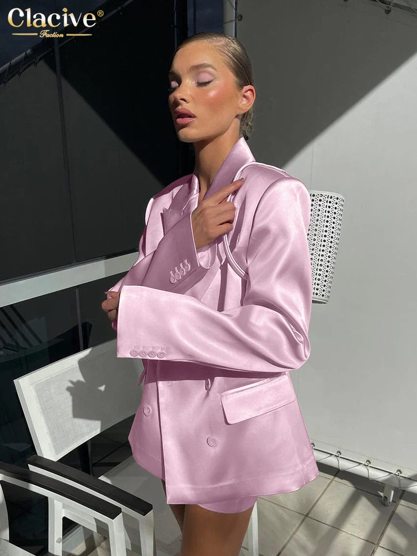 Clacive Fashion Loose Pink Satin 2 Piece Sets Women Outfit Elegant Long Sleeve Blazer With Mid Waist Mini Skirts Set Female