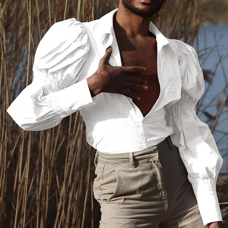 INCERUN Tops American Style New Men Solid Puff Sleeve Shape Blouse Fashion Party Shows Male Loose Long-sleeved Shirts S-5XL