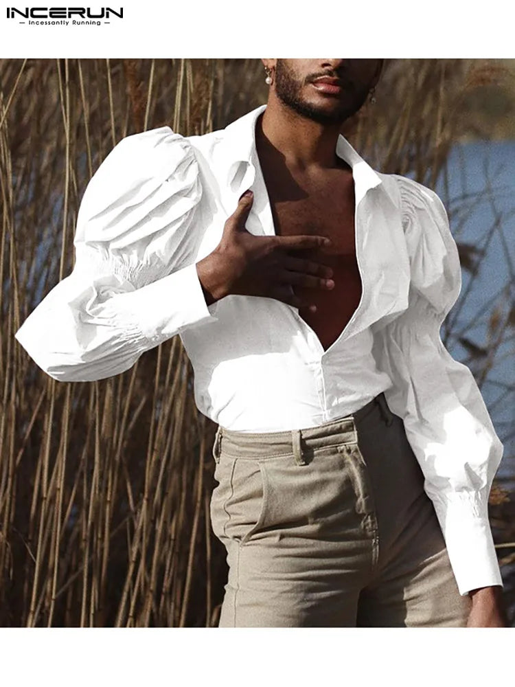 INCERUN Tops American Style New Men Solid Puff Sleeve Shape Blouse Fashion Party Shows Male Loose Long-sleeved Shirts S-5XL
