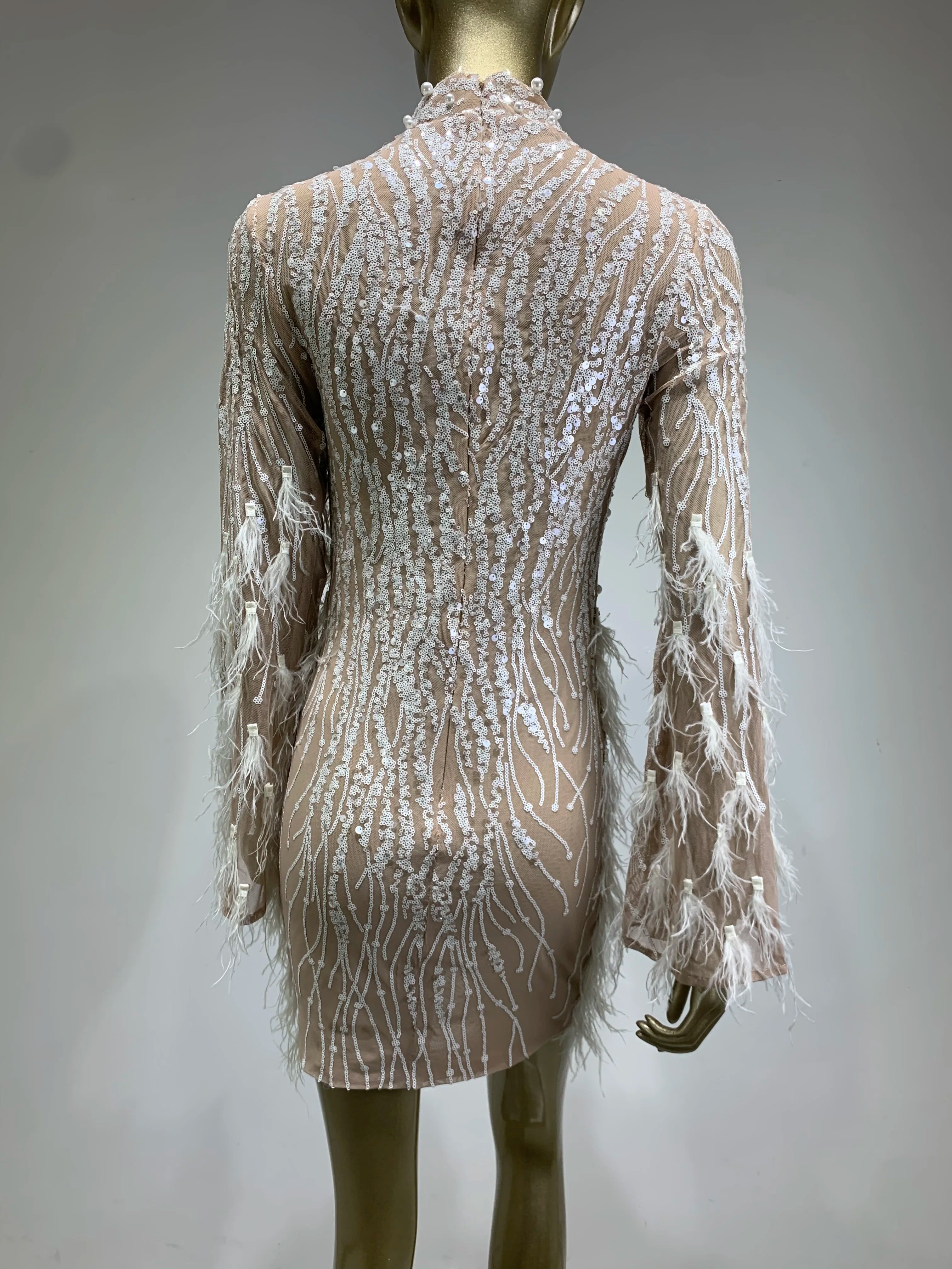 Women Celebrity Sexy Long Sleeve Feather White Mini Pearl Bodycon Gowns Dress 2024 Elegant Evening Party Club Dress