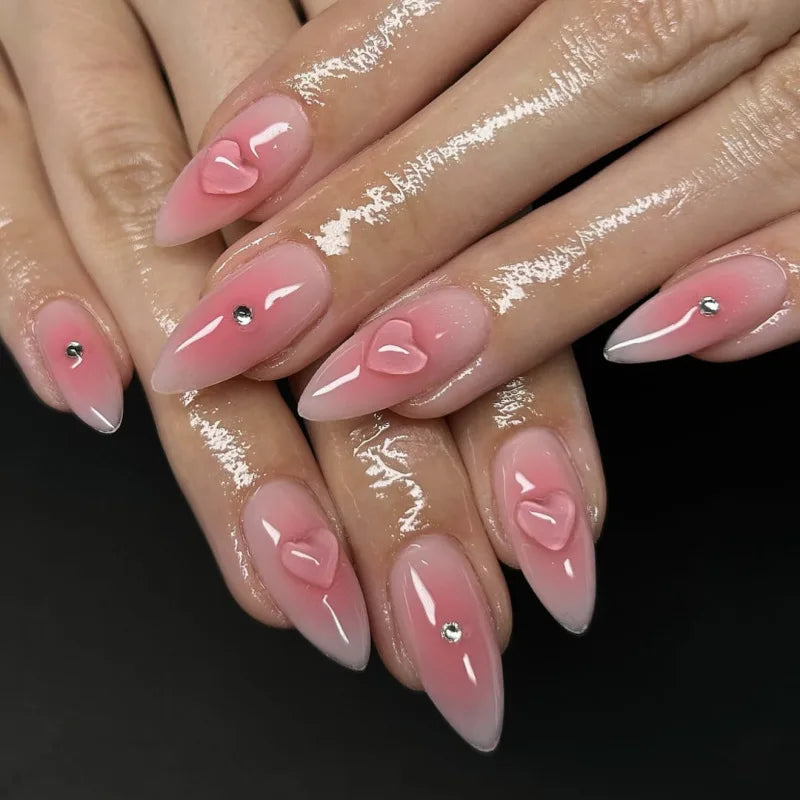 24pcs Pink Blush Press on Nails Sweet Love Design Almond False Nails for Girl Wearable Reusable Ins Simple Fake Nail Tips
